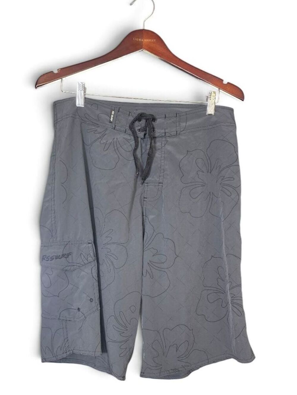 RS Surf Gray Y2K Hibiscus Floral Board Shorts Swim Trunks Cargo Pocket Size 32